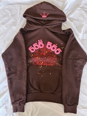 Men’s Brown Hoodie with Pink Graphic Spiderweb- sp5der 555 hoodie